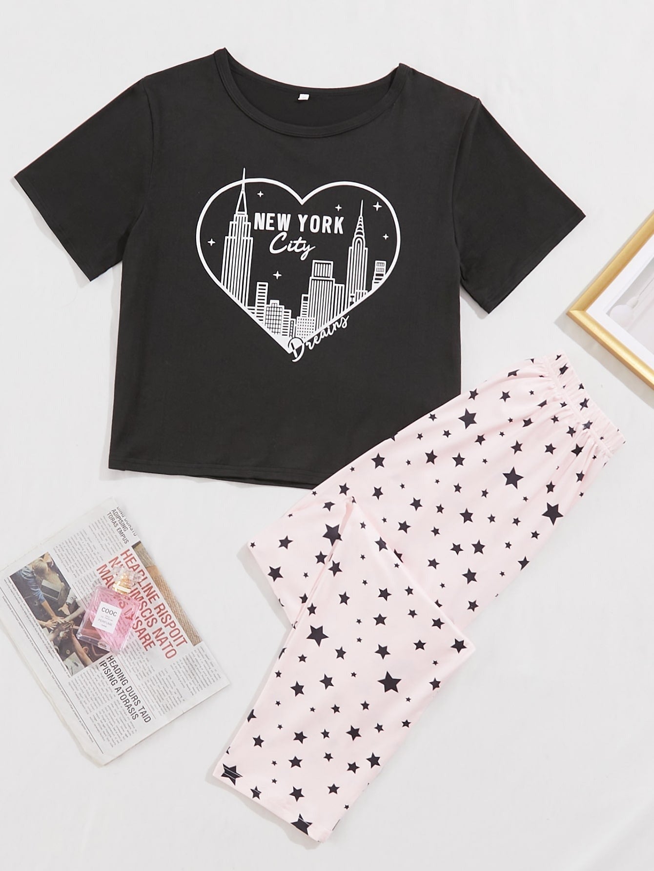 Black New York Printed Night Suit