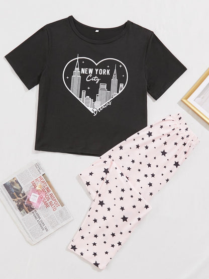 Black New York Printed Night Suit