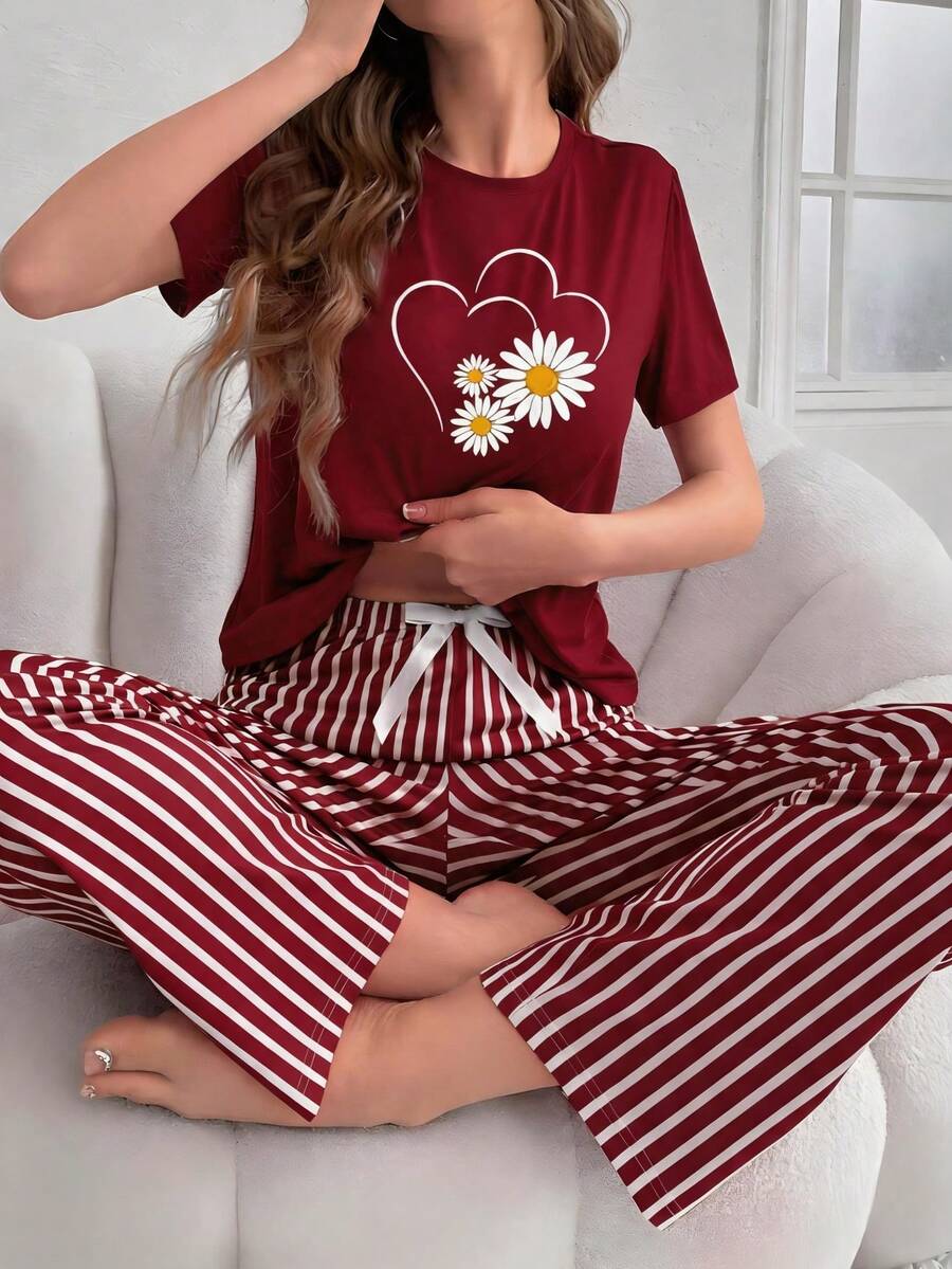 Maroon Sunflower Printed Night Suit