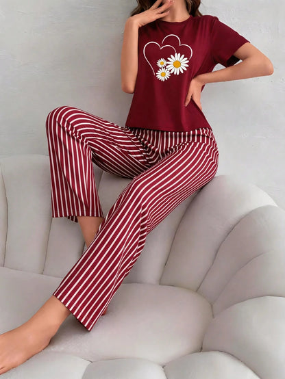 Maroon Sunflower Printed Night Suit