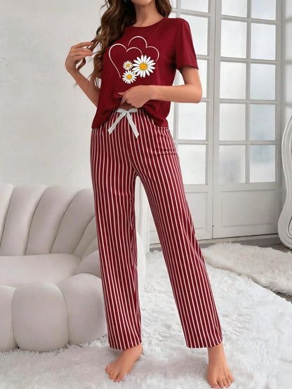 Maroon Sunflower Printed Night Suit