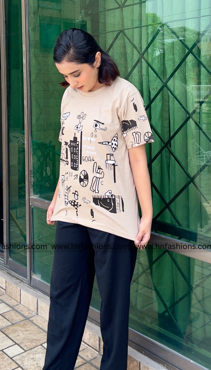 Planet Music With Black Pajama Printed Night Suit