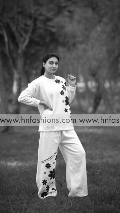 White Sunflower Printed Fleece Co-ord Set