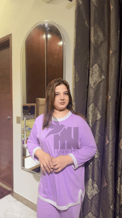 Purple White Round Neck Plazzo PJ Set