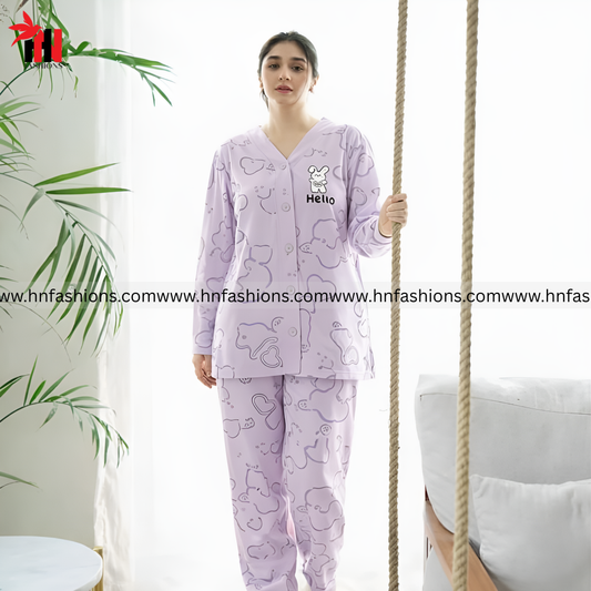 Lilac Love Bunny Printed V-Neck Button Printed Night Suit