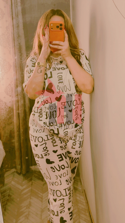 Drop Shoulder Love Printed  Night Suit