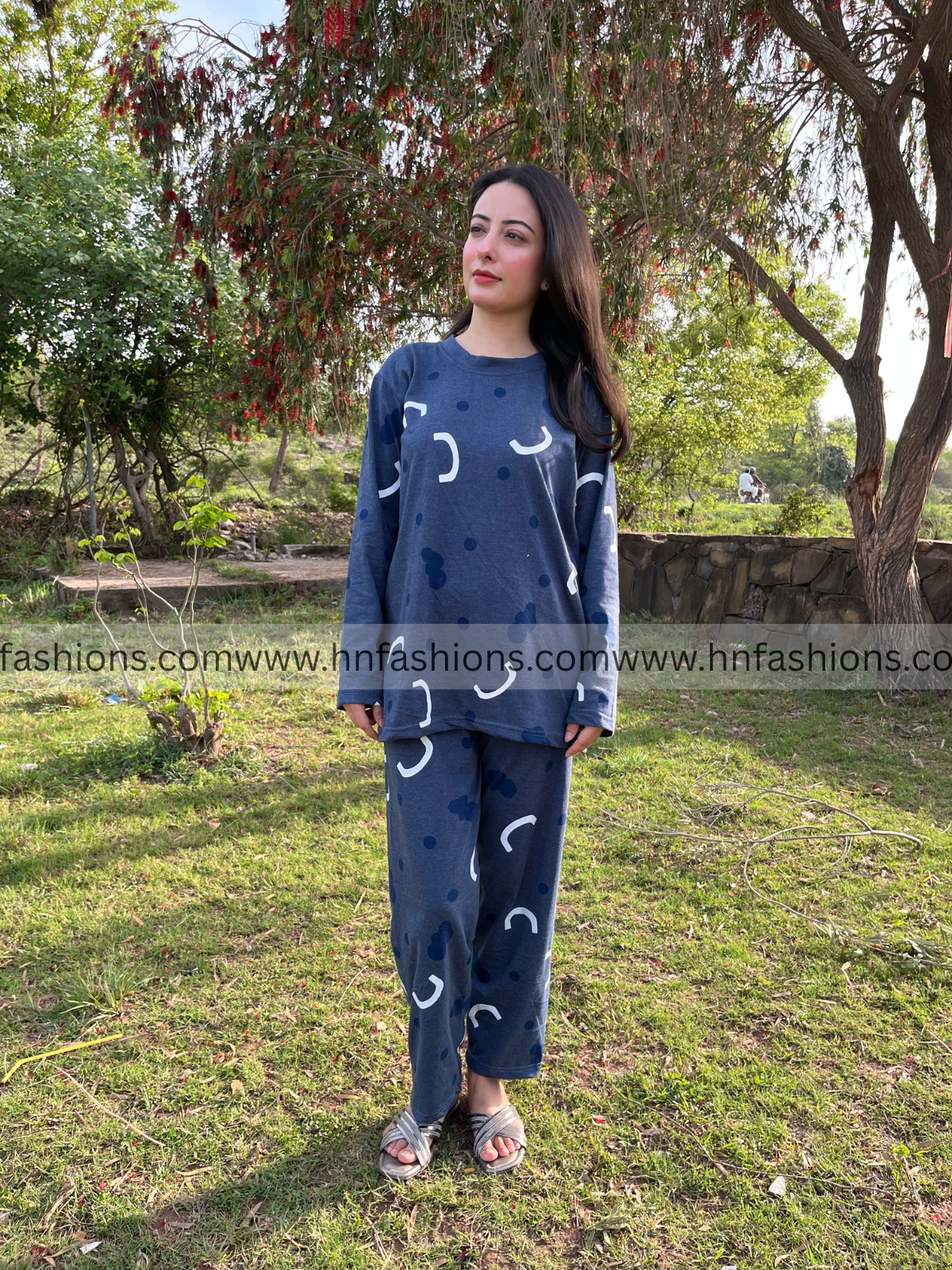 Blue Pattern Printed Woman Night Suit