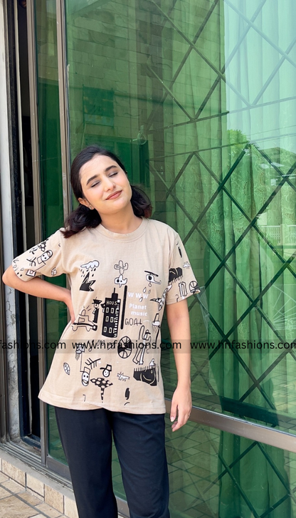 Planet Music With Black Pajama Printed Night Suit