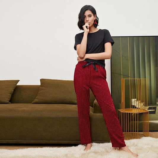 Black And Red Checkered Round Neck Pajama Night Suit