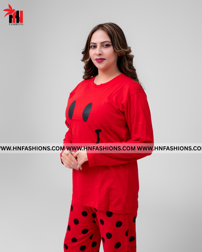 Red Smiley Full Sleeves Printed Pajama Night Suit