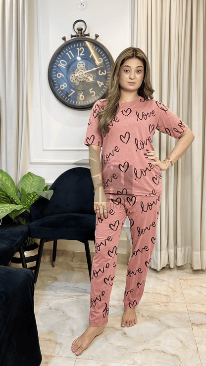 T-Pink Love Heart Printed Night Suit