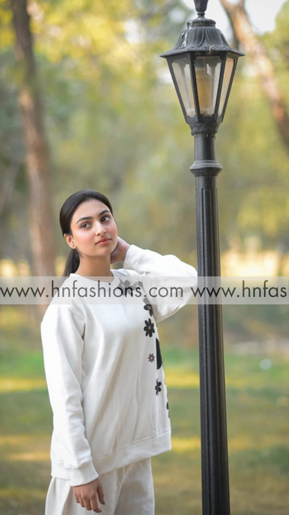 White Sunflower Printed Fleece Co-ord Set
