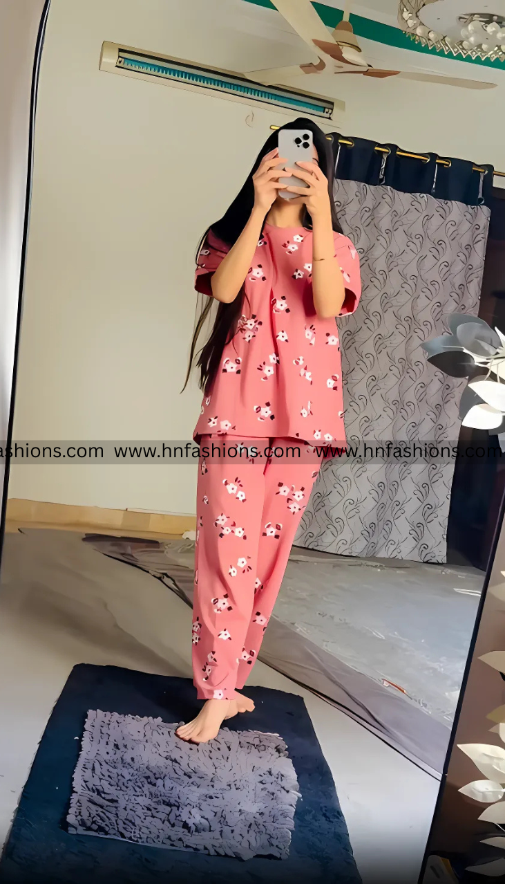 White Flower Printed Night Suit