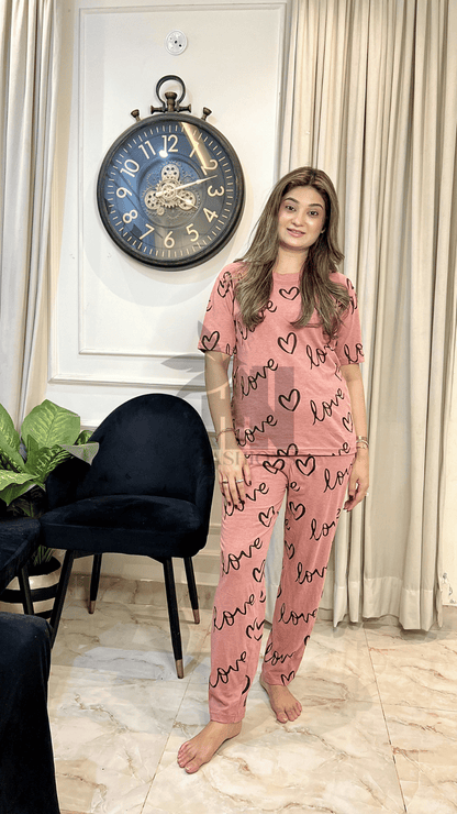 T-Pink Love Heart Printed Night Suit