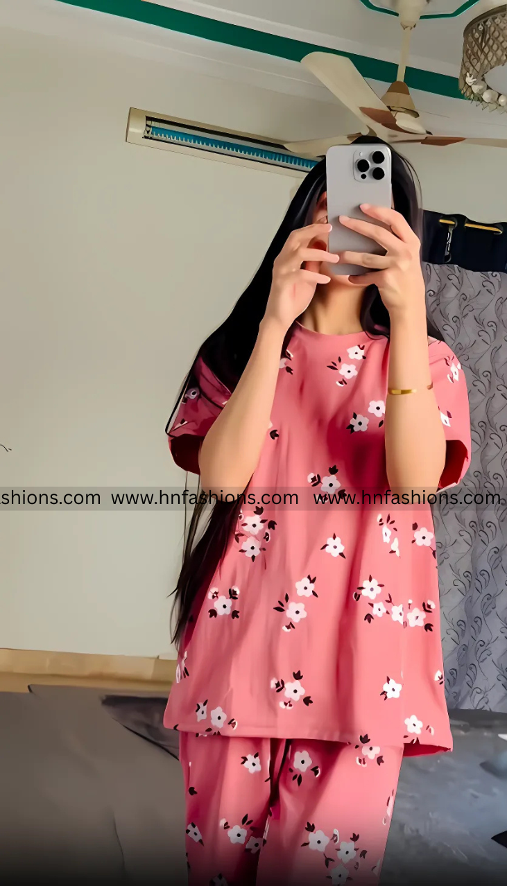 White Flower Printed Night Suit