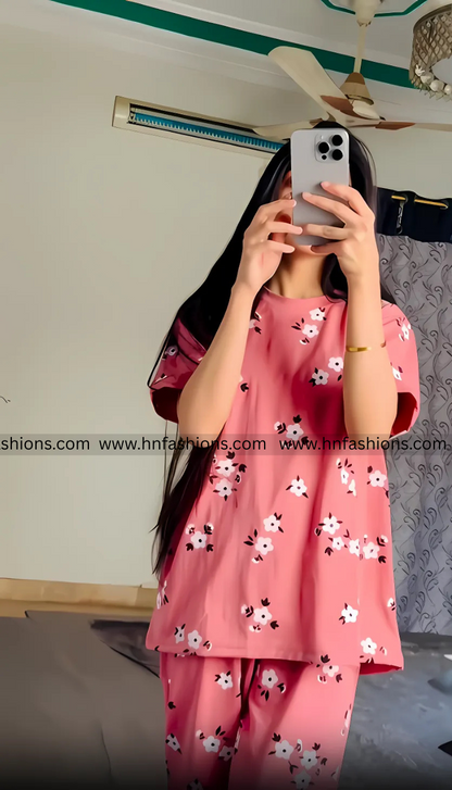 White Flower Printed Night Suit
