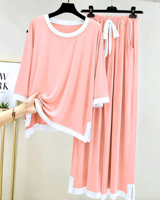 Rose Pink White Round Neck Plazzo PJ Set