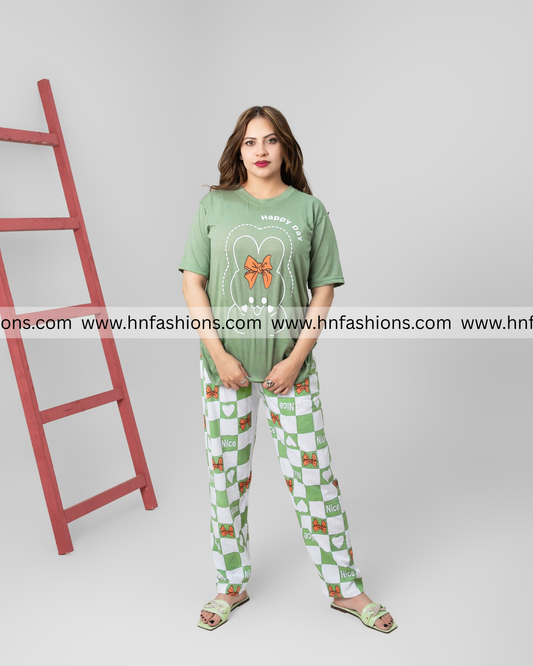 Olive Green Printed Night Suit