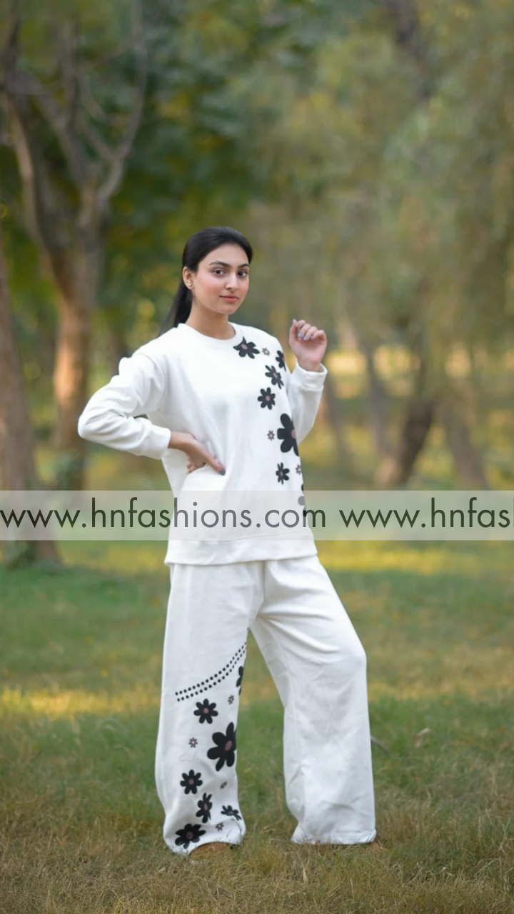 White Sunflower Printed Fleece Co-ord Set