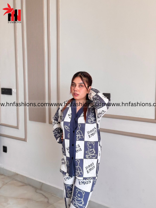 Blue with White Doraemon V-Neck Button Printed Night Suit