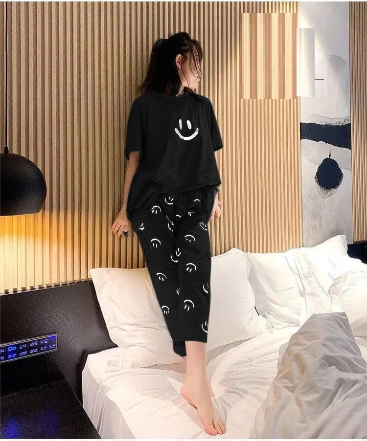 Black Smiley Printed Night Suit