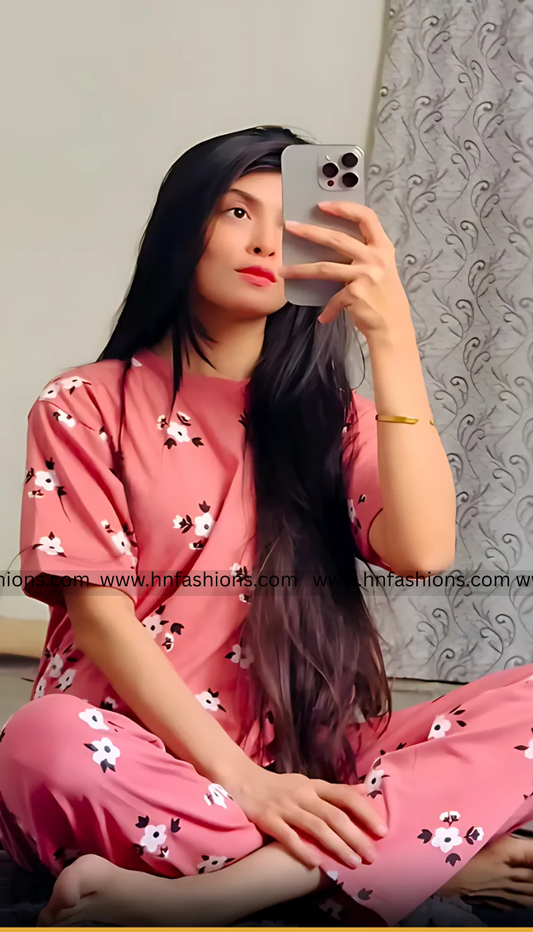 White Flower Printed Night Suit