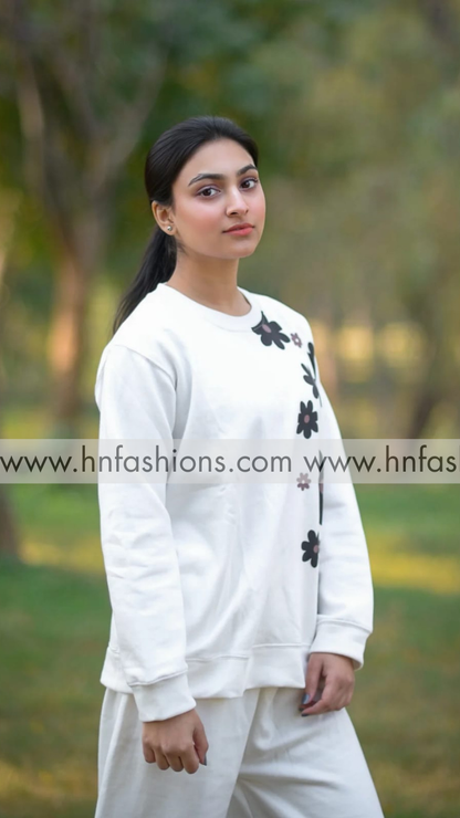 White Sunflower Printed Fleece Co-ord Set
