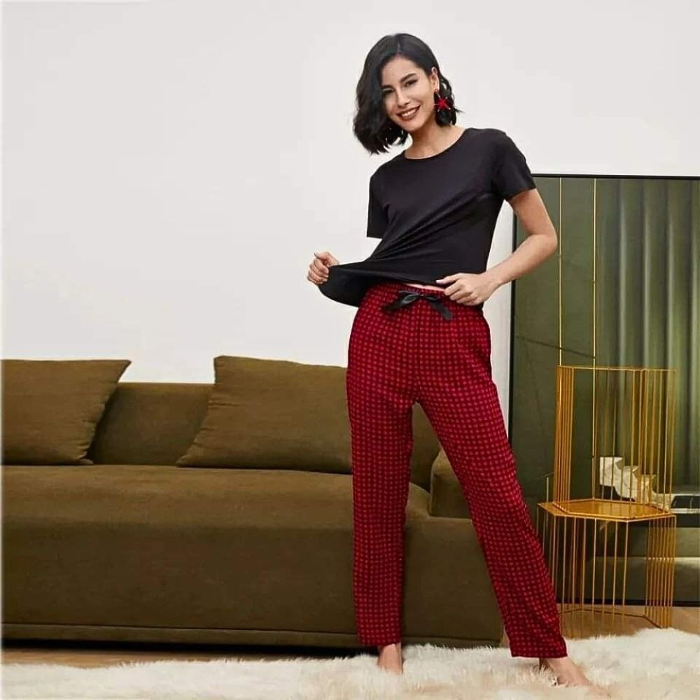 Black And Red Checkered Round Neck Pajama Night Suit