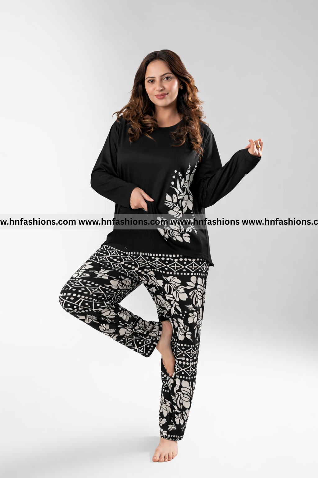 Black Leaves Printed Night Suit
