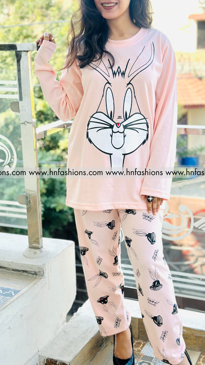 Pink Bunny Printed  Night Suit