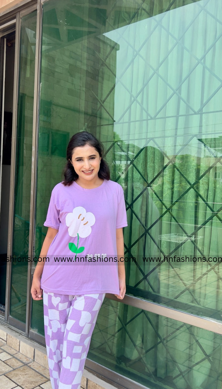 Purple Flower Printed Night Suit