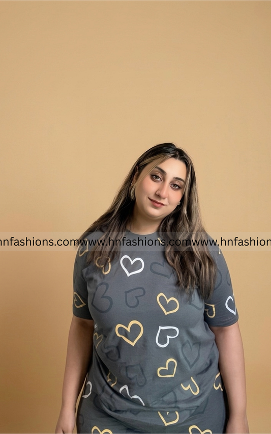 Grey Heart Printed Night Suit