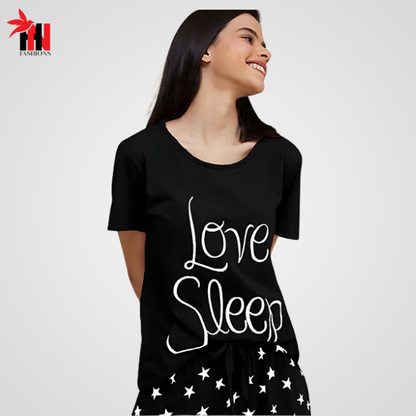 Black Love Sleep Printed  Night Suit