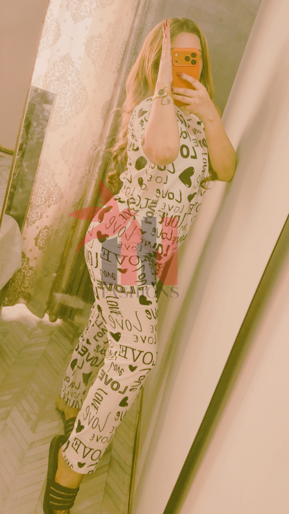 Drop Shoulder Love Printed  Night Suit