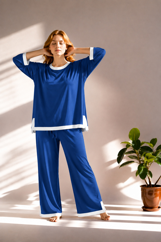 Royal Blue White Round Neck Palazzo PJ Set