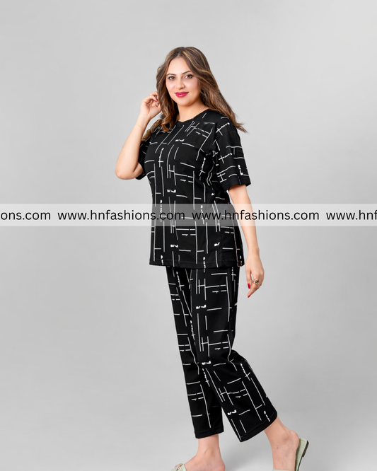 Black Printed Capri Night Suit