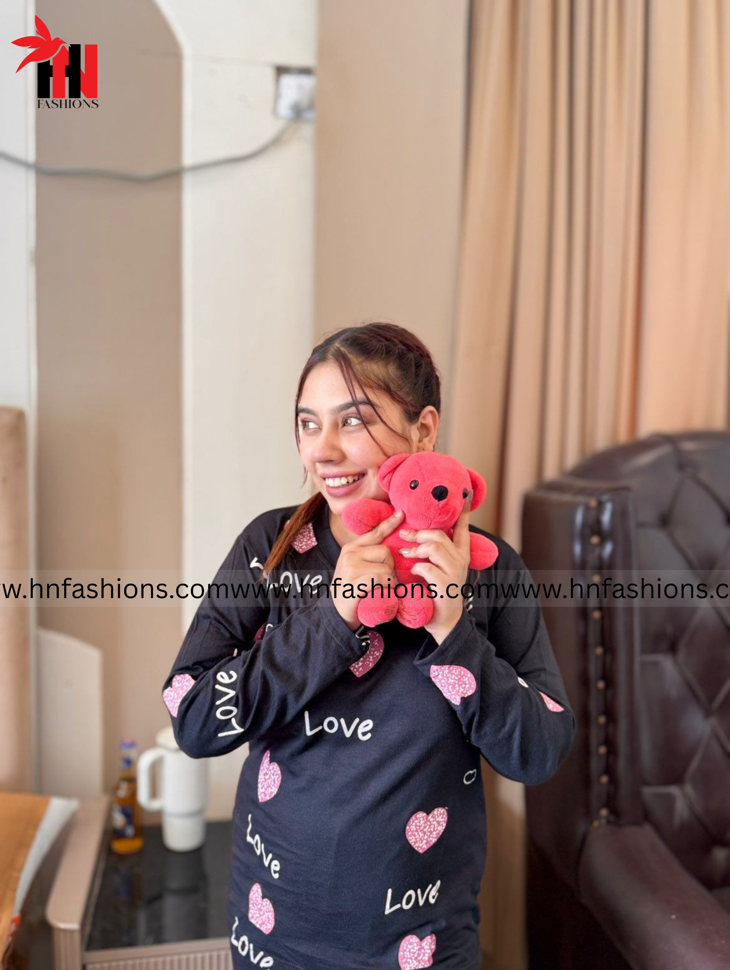 Black Love Heart Printed Night Suit