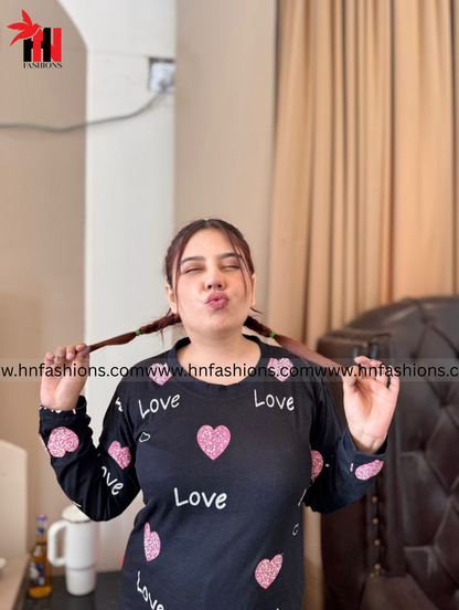 Black Love Heart Printed Night Suit