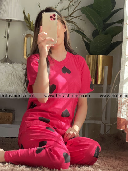 Black Multi Hearts Pink Printed  Night Suit