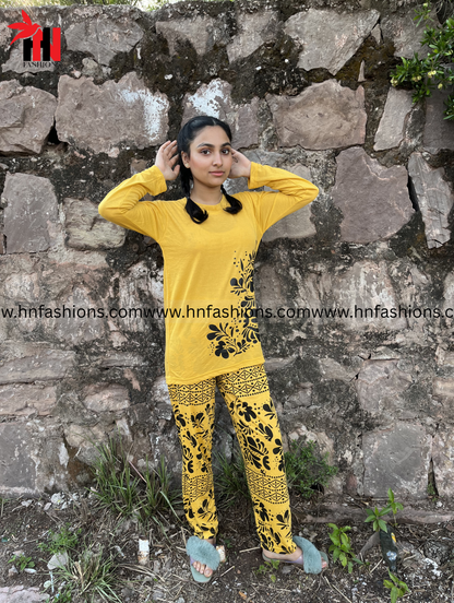 Golden Leaves Printed Night Suit