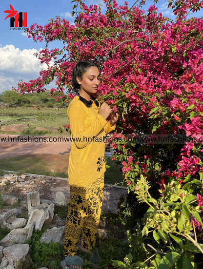 Golden Leaves Printed Night Suit
