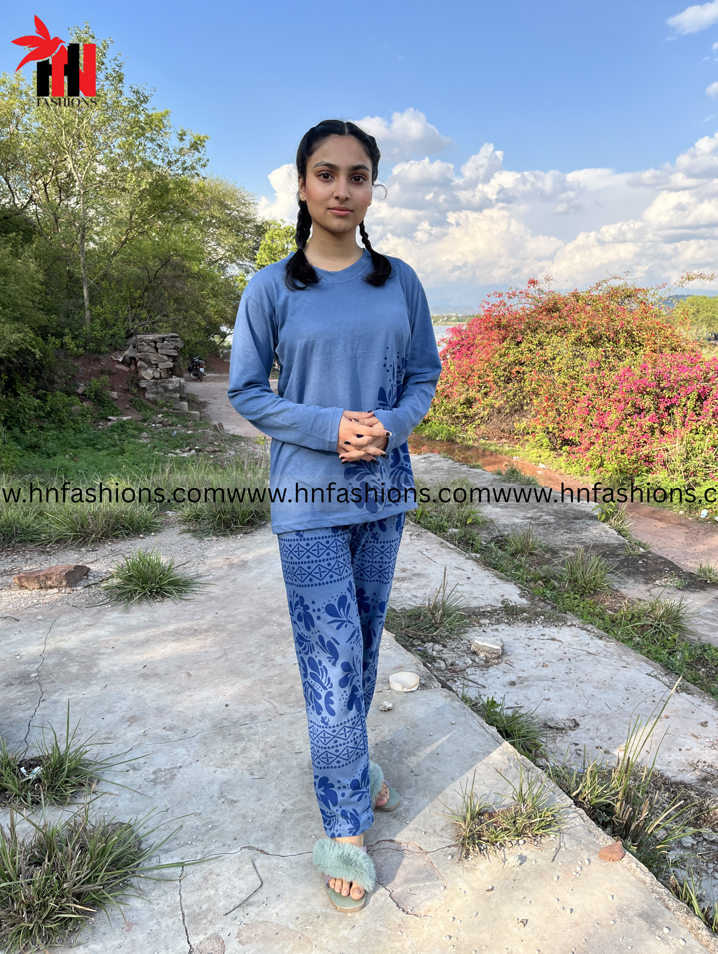 Sky Blue Leaves Printed Night Suit