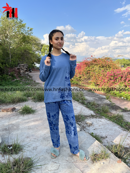 Sky Blue Leaves Printed Night Suit