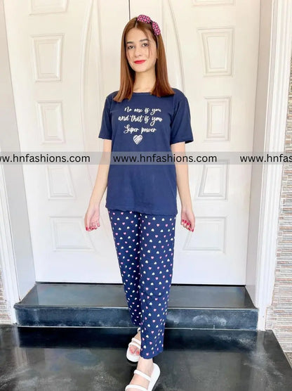 Blue Heart Printed Night Suit