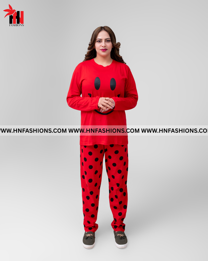 Red Smiley Full Sleeves Printed Pajama Night Suit