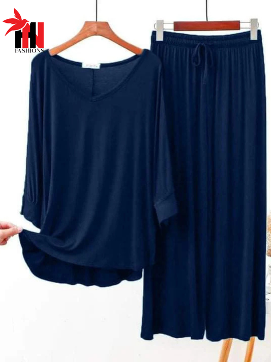 V-Neck Navy Blue Suit PJ Set