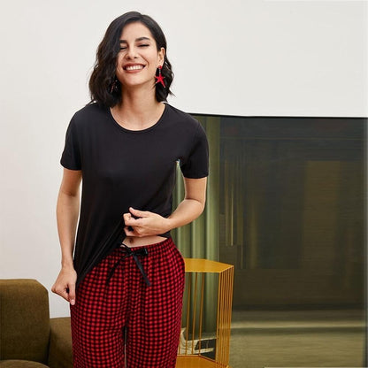 Black And Red Checkered Round Neck Pajama Night Suit