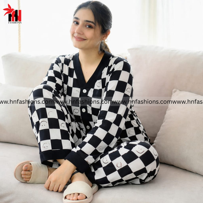 Black with White Smiley Printed V-Neck Button Printed Night Suit