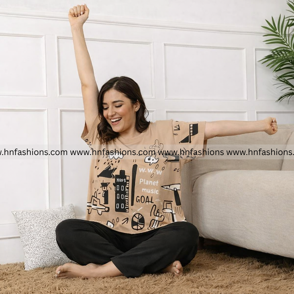 Planet Music With Black Pajama Printed Night Suit