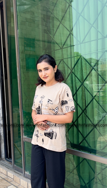 Planet Music With Black Pajama Printed Night Suit